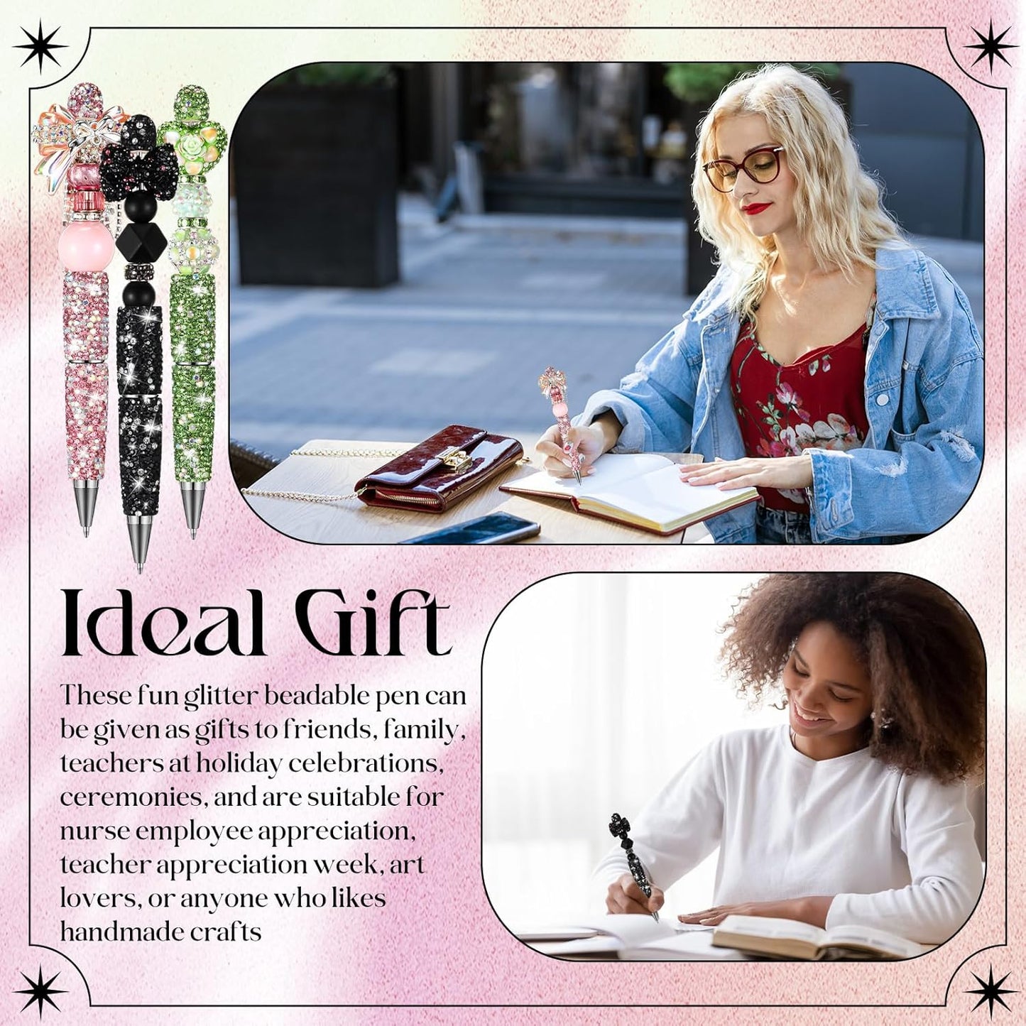 Tondiamo 15 Pcs Glitter Beadable Pens Full Rhinestone Fancy Pens for Beads DIY Diamond Beaded Pen Kit Cute Journalling Ballpoint Fun Bling Ballpoint for DIY Craft Making(AB Colored Diamonds)