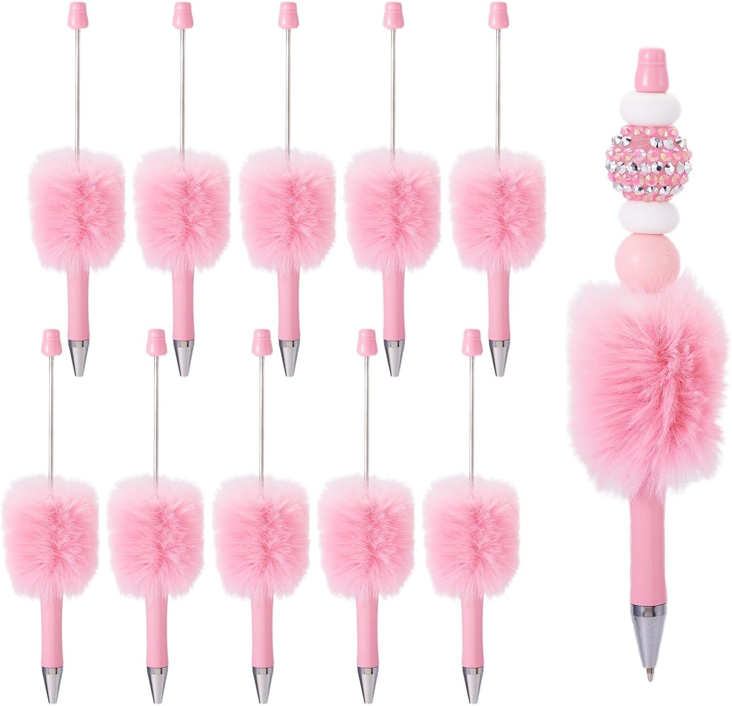 Beadthoven 10pcs Fluffy Beadable Pens, Cute Plush Ball Beaded Pens DIY Plastic Bead Pen Funny Pom Pom Pens Shaft Black Ink Ballpoint Pens for DIY Pens Decorations Supplies Gift Office School Pink