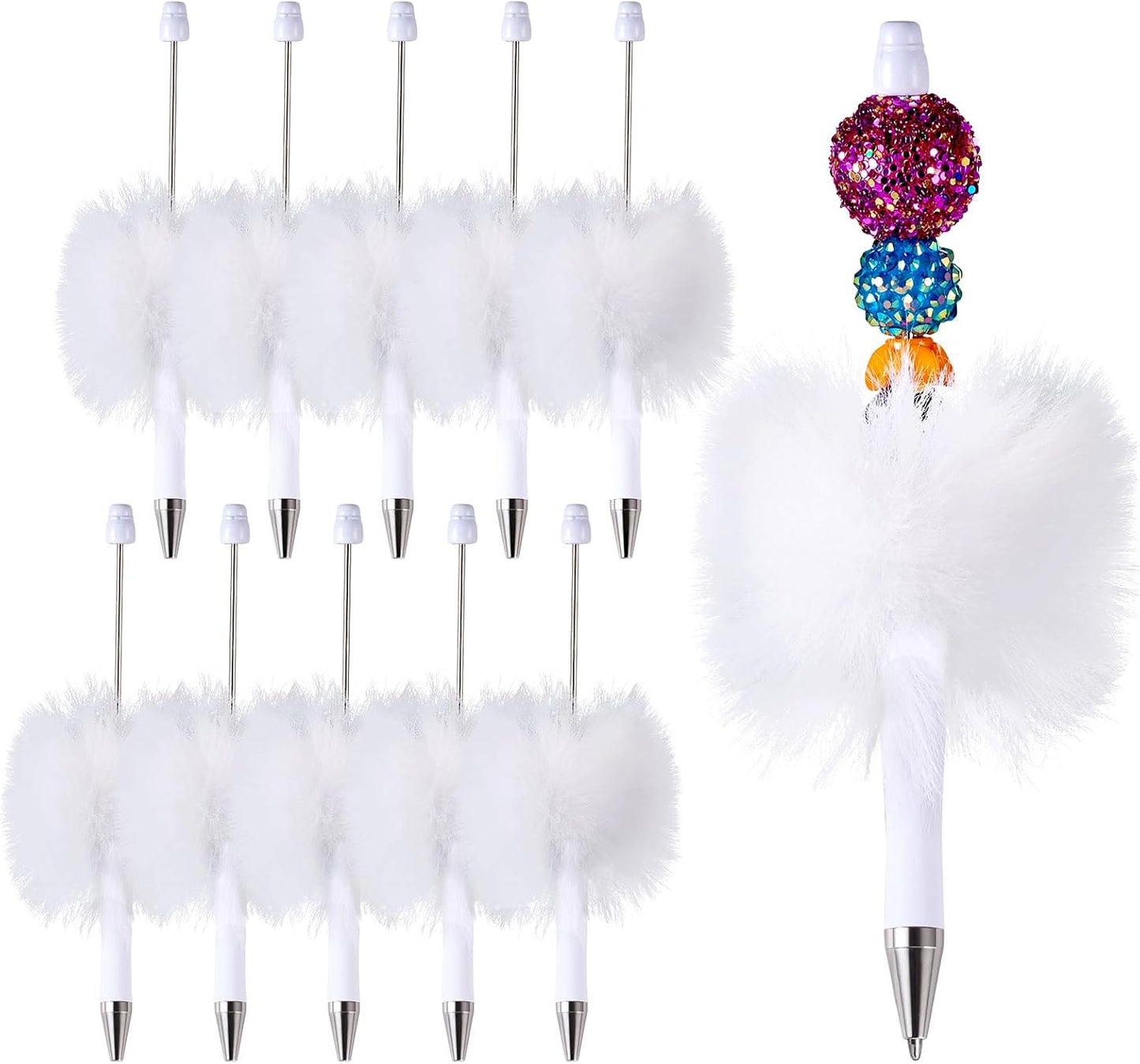 Beadthoven 10pcs Fluffy Beadable Pens, Cute Plush Ball Beaded Pens DIY Plastic Bead Pen Funny Pom Pom Pens Shaft Black Ink Ballpoint Pens for DIY Pens Decorations Supplies Gift Office School Pink