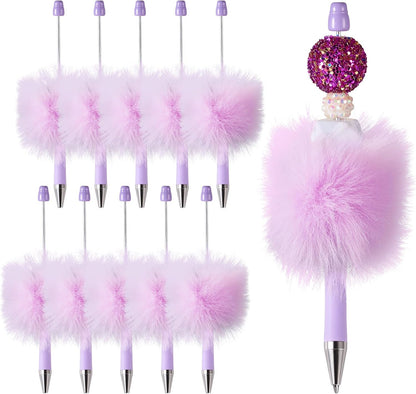 Beadthoven 10pcs Fluffy Beadable Pens, Cute Plush Ball Beaded Pens DIY Plastic Bead Pen Funny Pom Pom Pens Shaft Black Ink Ballpoint Pens for DIY Pens Decorations Supplies Gift Office School Pink