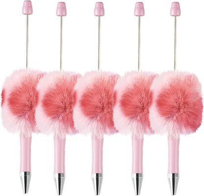 Beadthoven 10pcs Fluffy Beadable Pens, Cute Plush Ball Beaded Pens DIY Plastic Bead Pen Funny Pom Pom Pens Shaft Black Ink Ballpoint Pens for DIY Pens Decorations Supplies Gift Office School Pink