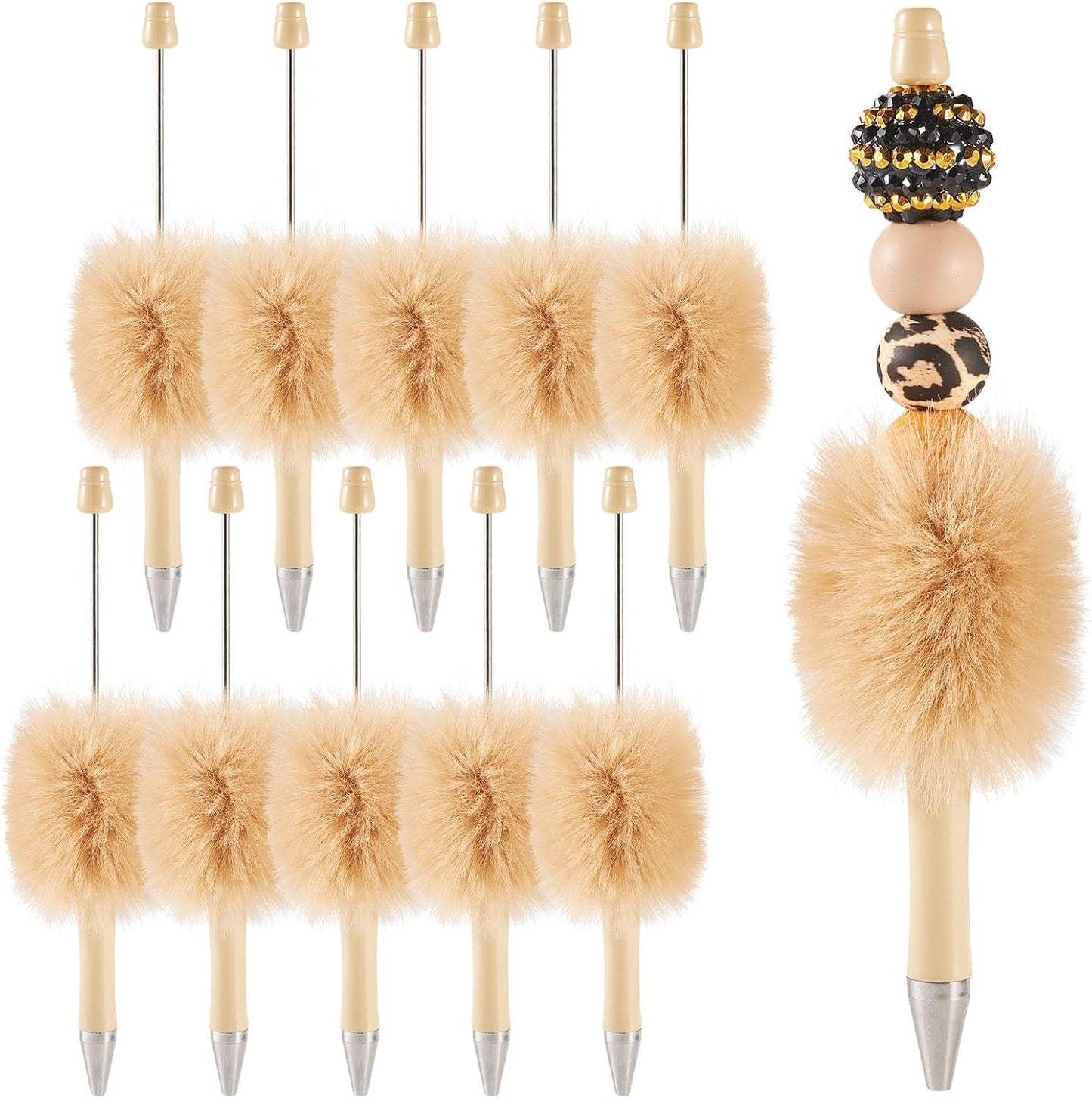 Beadthoven 10pcs Fluffy Beadable Pens, Cute Plush Ball Beaded Pens DIY Plastic Bead Pen Funny Pom Pom Pens Shaft Black Ink Ballpoint Pens for DIY Pens Decorations Supplies Gift Office School Pink