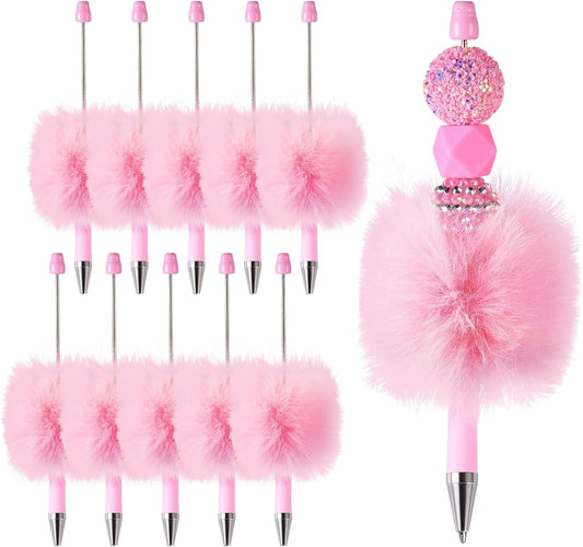 Beadthoven 10pcs Fluffy Beadable Pens, Cute Plush Ball Beaded Pens DIY Plastic Bead Pen Funny Pom Pom Pens Shaft Black Ink Ballpoint Pens for DIY Pens Decorations Supplies Gift Office School Pink