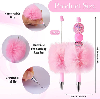 Beadthoven 10pcs Fluffy Beadable Pens, Cute Plush Ball Beaded Pens DIY Plastic Bead Pen Funny Pom Pom Pens Shaft Black Ink Ballpoint Pens for DIY Pens Decorations Supplies Gift Office School Pink