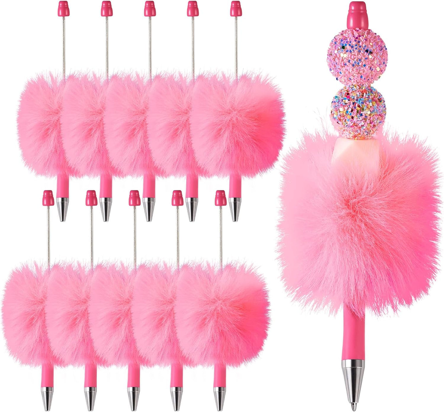 Beadthoven 10pcs Fluffy Beadable Pens, Cute Plush Ball Beaded Pens DIY Plastic Bead Pen Funny Pom Pom Pens Shaft Black Ink Ballpoint Pens for DIY Pens Decorations Supplies Gift Office School Pink