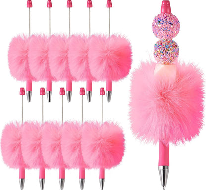 Beadthoven 10pcs Fluffy Beadable Pens, Cute Plush Ball Beaded Pens DIY Plastic Bead Pen Funny Pom Pom Pens Shaft Black Ink Ballpoint Pens for DIY Pens Decorations Supplies Gift Office School Pink