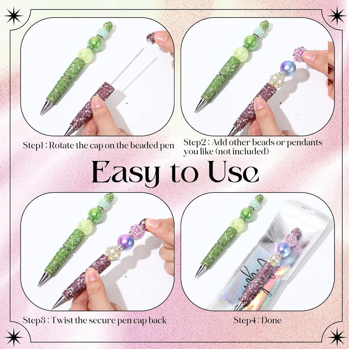 Tondiamo 15 Pcs Glitter Beadable Pens Full Rhinestone Fancy Pens for Beads DIY Diamond Beaded Pen Kit Cute Journalling Ballpoint Fun Bling Ballpoint for DIY Craft Making(AB Colored Diamonds)