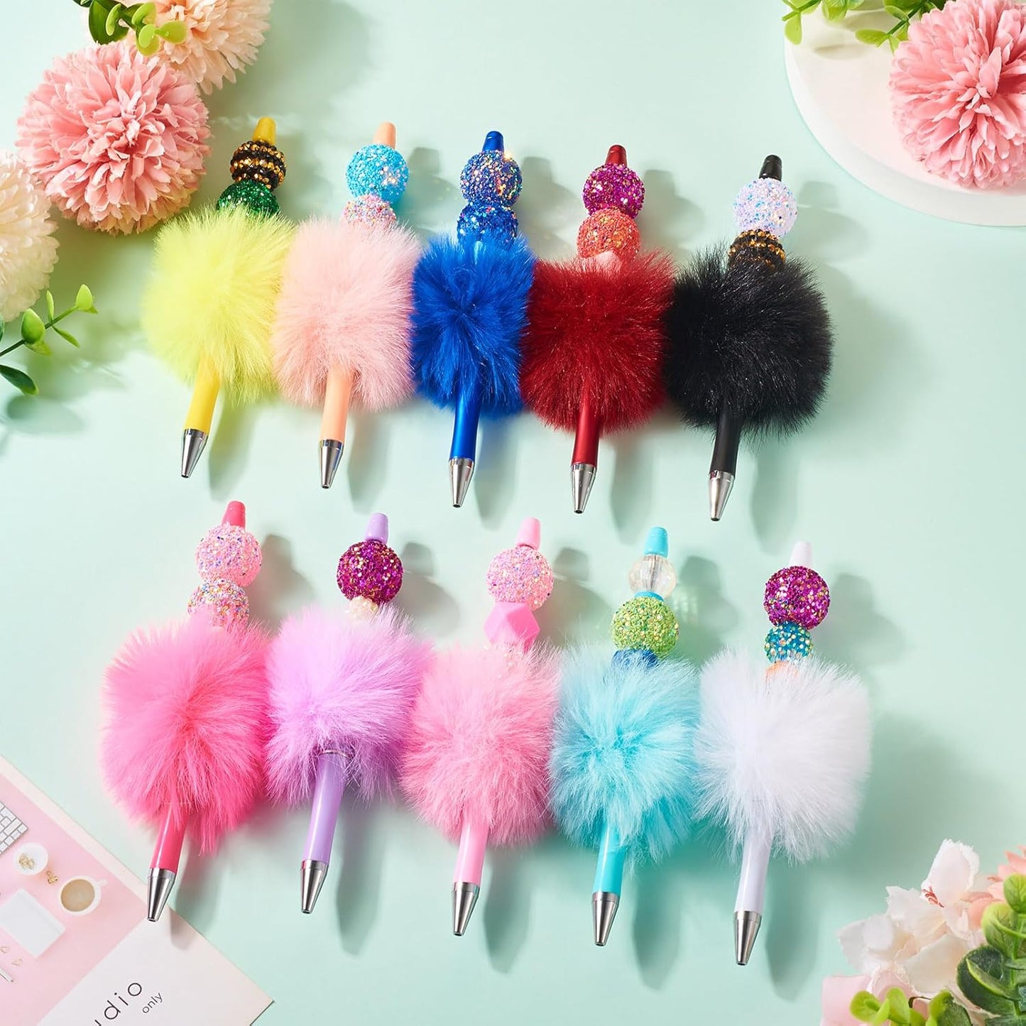 Beadthoven 10pcs Fluffy Beadable Pens, Cute Plush Ball Beaded Pens DIY Plastic Bead Pen Funny Pom Pom Pens Shaft Black Ink Ballpoint Pens for DIY Pens Decorations Supplies Gift Office School Pink