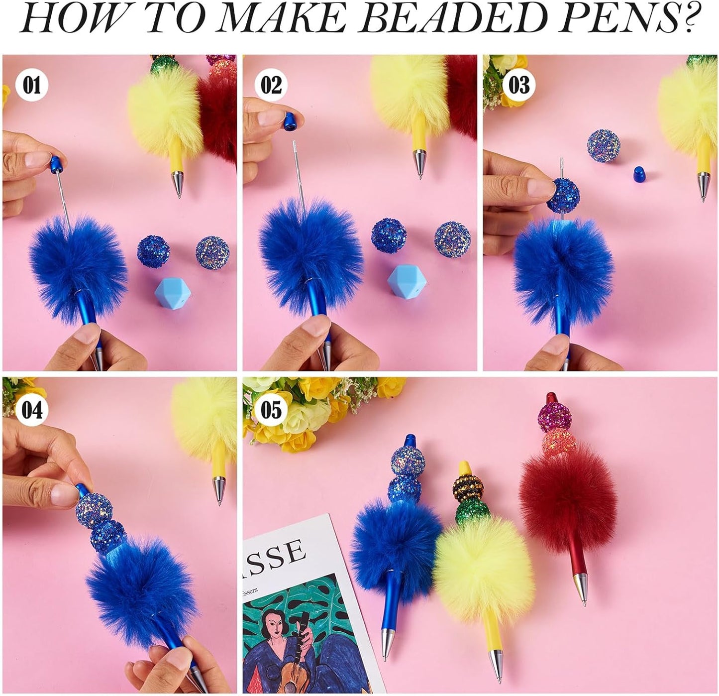 Beadthoven 10pcs Fluffy Beadable Pens, Cute Plush Ball Beaded Pens DIY Plastic Bead Pen Funny Pom Pom Pens Shaft Black Ink Ballpoint Pens for DIY Pens Decorations Supplies Gift Office School Pink