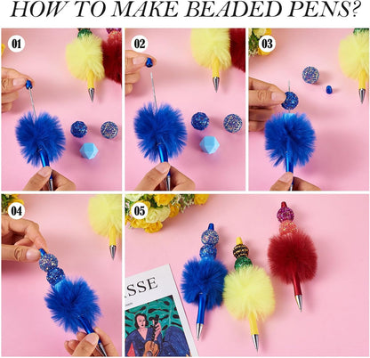 Beadthoven 10pcs Fluffy Beadable Pens, Cute Plush Ball Beaded Pens DIY Plastic Bead Pen Funny Pom Pom Pens Shaft Black Ink Ballpoint Pens for DIY Pens Decorations Supplies Gift Office School Pink