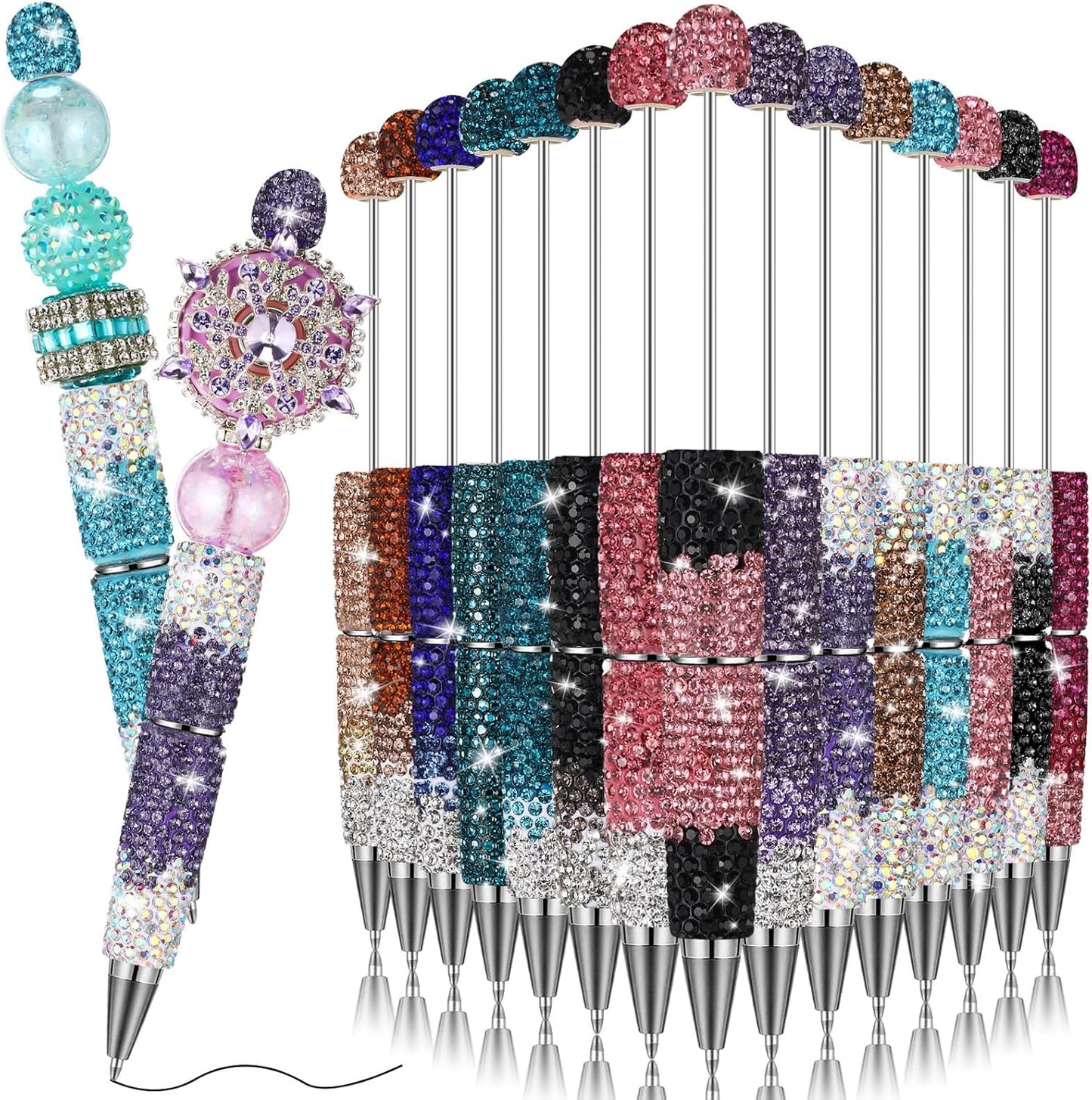 Tondiamo 15 Pcs Glitter Beadable Pens Full Rhinestone Fancy Pens for Beads DIY Diamond Beaded Pen Kit Cute Journalling Ballpoint Fun Bling Ballpoint for DIY Craft Making(AB Colored Diamonds)