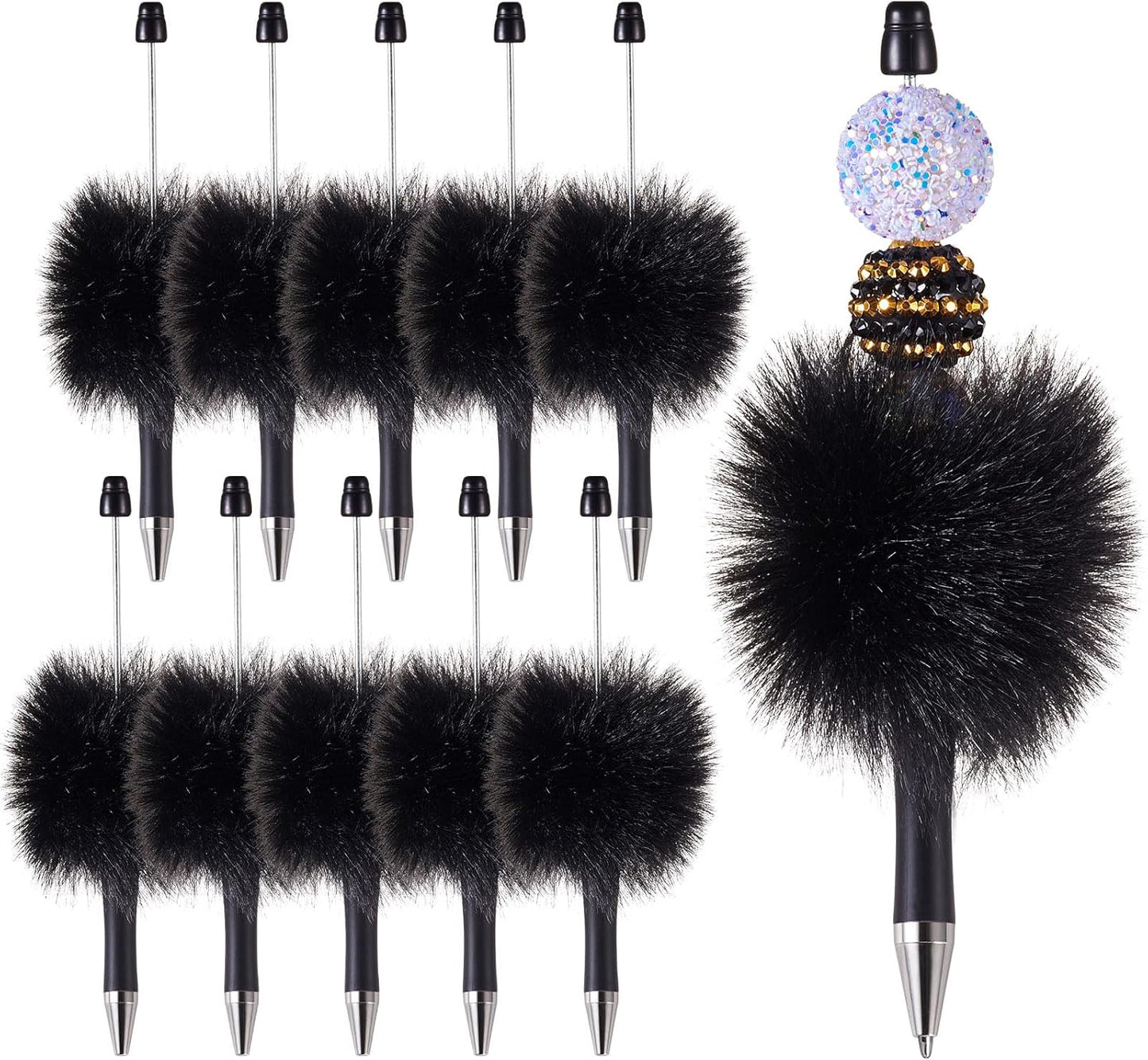 Beadthoven 10pcs Fluffy Beadable Pens, Cute Plush Ball Beaded Pens DIY Plastic Bead Pen Funny Pom Pom Pens Shaft Black Ink Ballpoint Pens for DIY Pens Decorations Supplies Gift Office School Pink