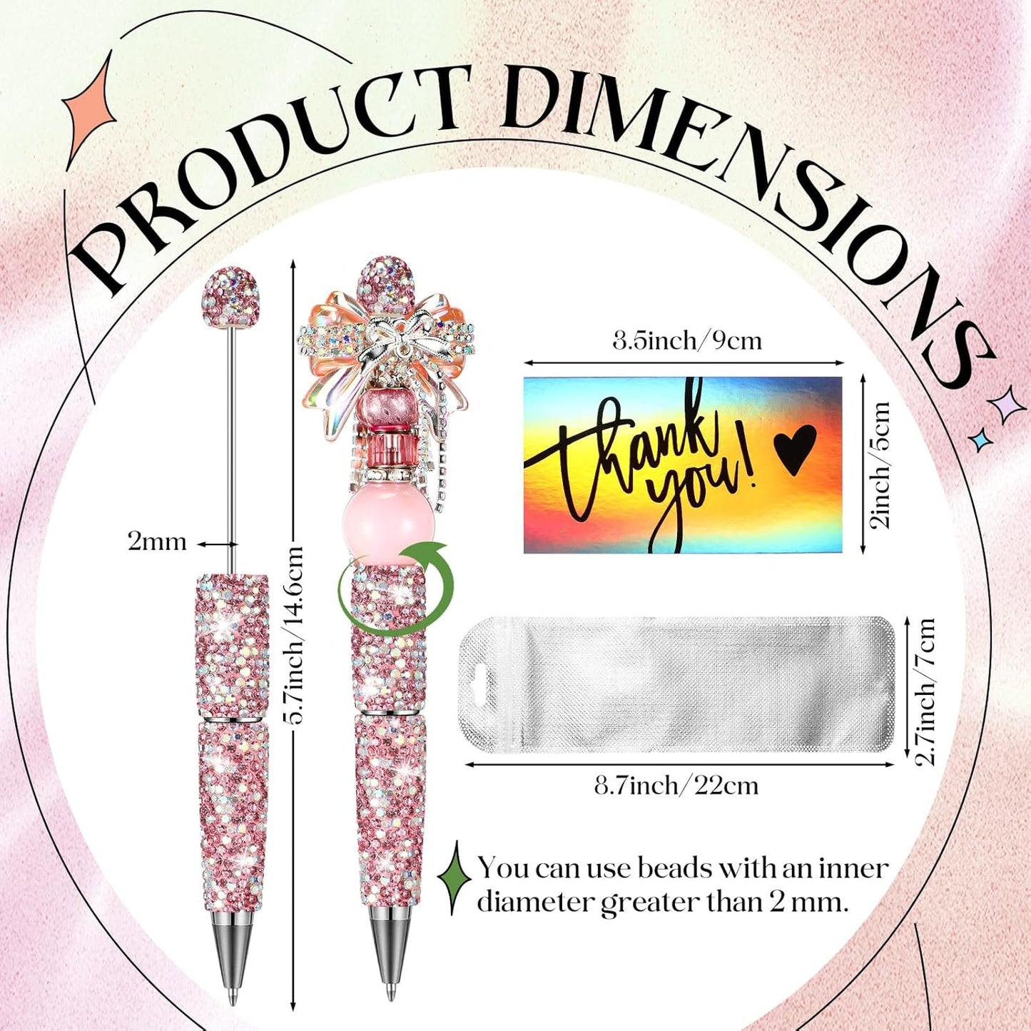 Tondiamo 15 Pcs Glitter Beadable Pens Full Rhinestone Fancy Pens for Beads DIY Diamond Beaded Pen Kit Cute Journalling Ballpoint Fun Bling Ballpoint for DIY Craft Making(AB Colored Diamonds)