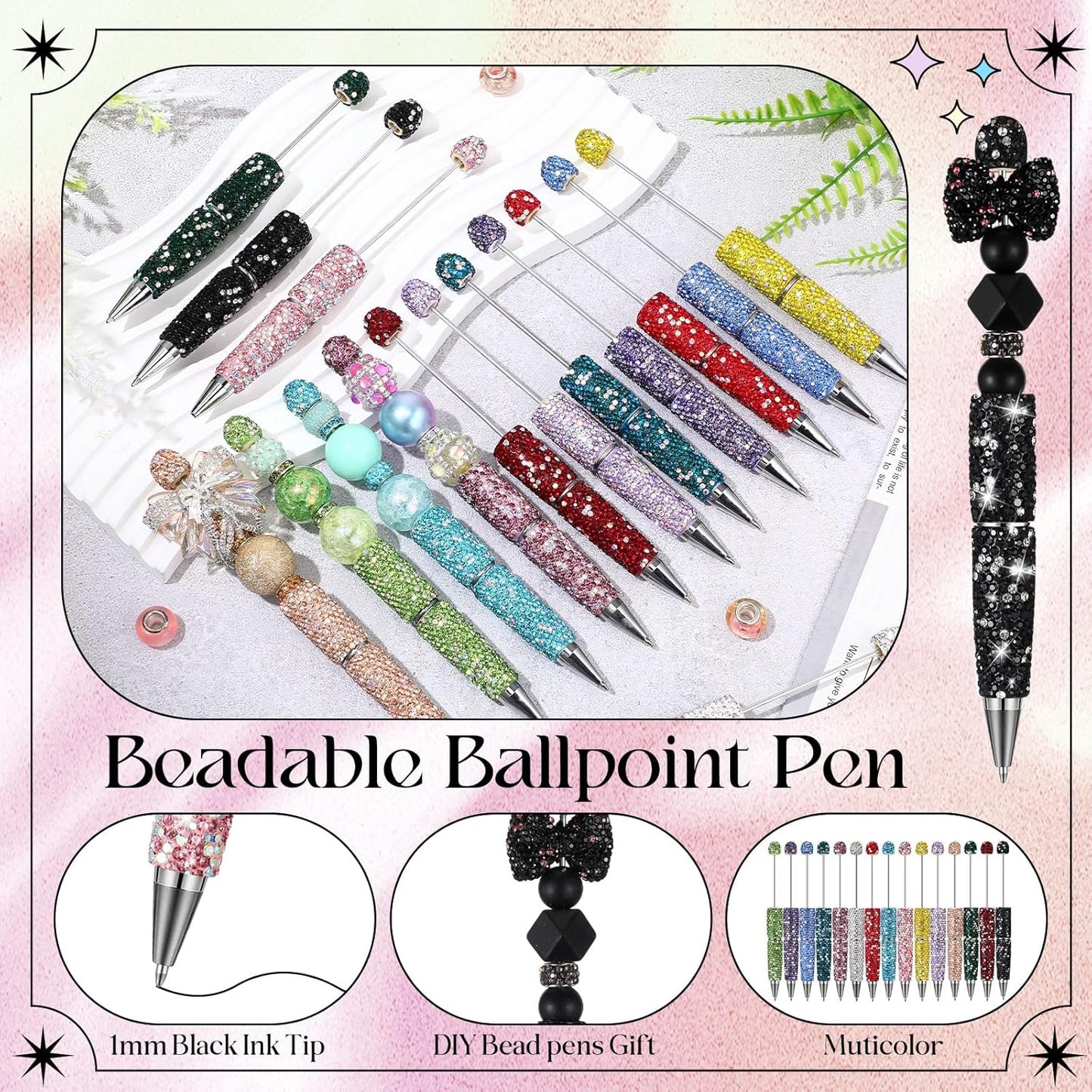 Tondiamo 15 Pcs Glitter Beadable Pens Full Rhinestone Fancy Pens for Beads DIY Diamond Beaded Pen Kit Cute Journalling Ballpoint Fun Bling Ballpoint for DIY Craft Making(AB Colored Diamonds)