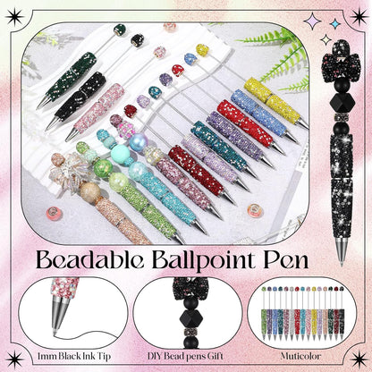 Tondiamo 15 Pcs Glitter Beadable Pens Full Rhinestone Fancy Pens for Beads DIY Diamond Beaded Pen Kit Cute Journalling Ballpoint Fun Bling Ballpoint for DIY Craft Making(AB Colored Diamonds)