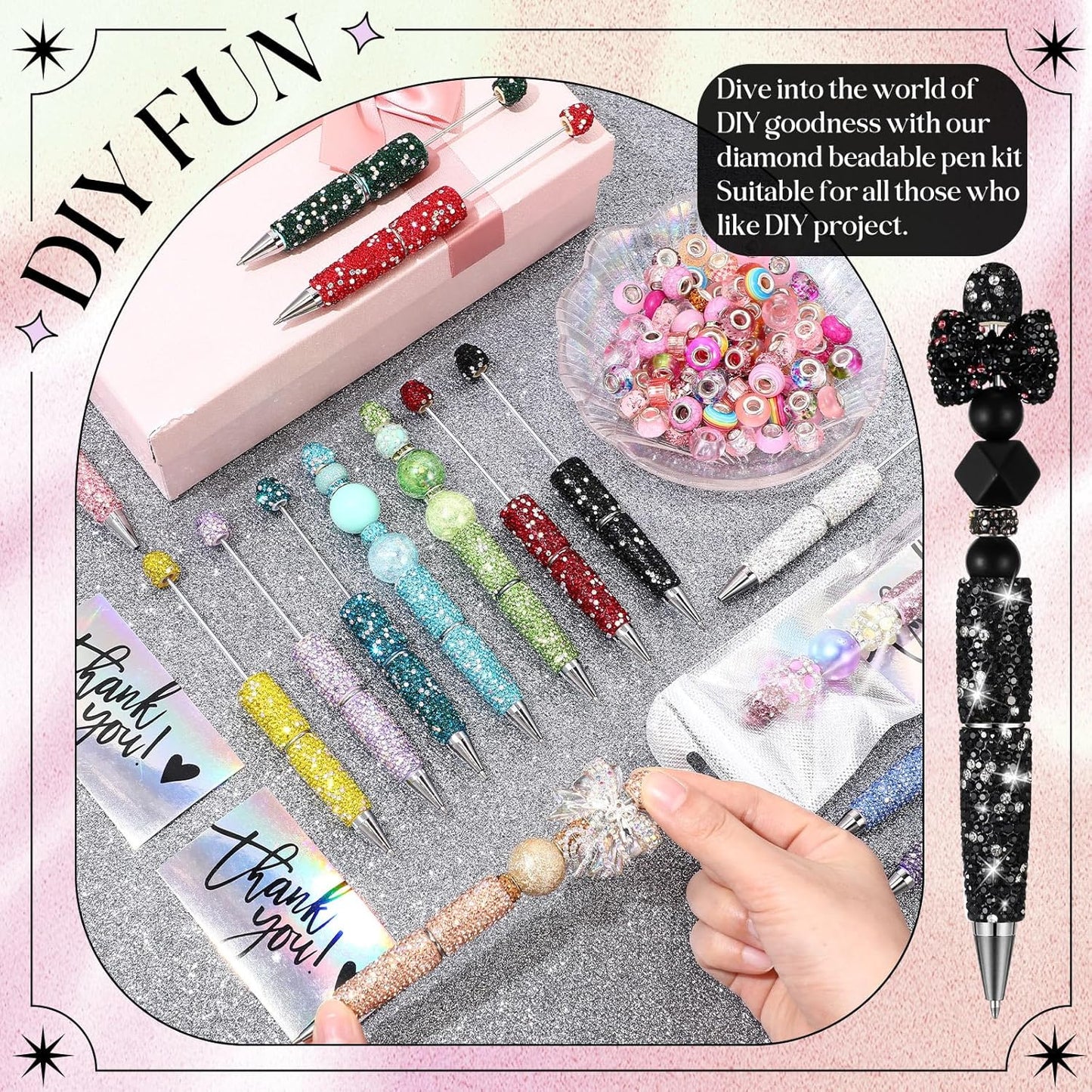 Tondiamo 15 Pcs Glitter Beadable Pens Full Rhinestone Fancy Pens for Beads DIY Diamond Beaded Pen Kit Cute Journalling Ballpoint Fun Bling Ballpoint for DIY Craft Making(AB Colored Diamonds)