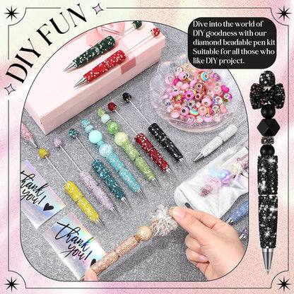 Tondiamo 15 Pcs Glitter Beadable Pens Full Rhinestone Fancy Pens for Beads DIY Diamond Beaded Pen Kit Cute Journalling Ballpoint Fun Bling Ballpoint for DIY Craft Making(AB Colored Diamonds)